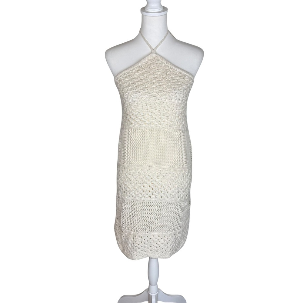Old Navy Womens Cream Cotton Crochet Halter Dress Tassel Tie Pointelle‎ Small